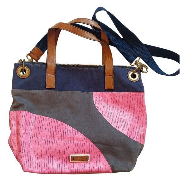 Fossil Womens Multicolor Canvas & Leather Tote Bag With Adjustable Strap & Inter - Picture 1 of 10